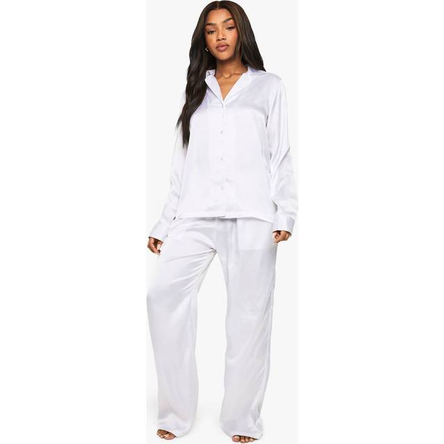 Womens Bridal Satin Long Sleeve Shirt & Trousers Pyjama Set - White - 16