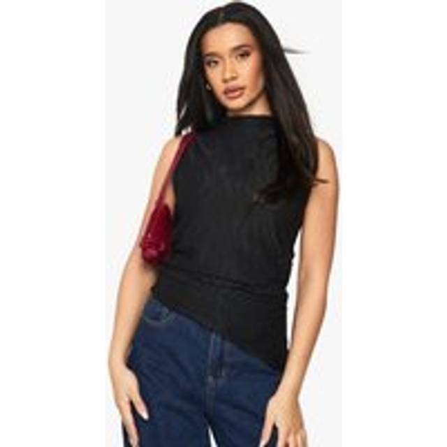 Womens Textured High Neck Asym Hem Top - Black - 8