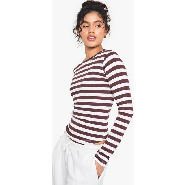 Womens Ribbed Striped Long Sleeve Top - Brown - 16