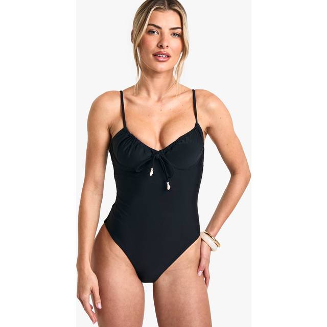 Womens Shell Trim Ruched Cup Tie Front Underwired Swimsuit - Black - 6, Black
