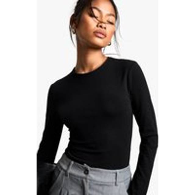 Womens Boohoo Basics Crew Neck Long Sleeve Bodysuit - Black - 12