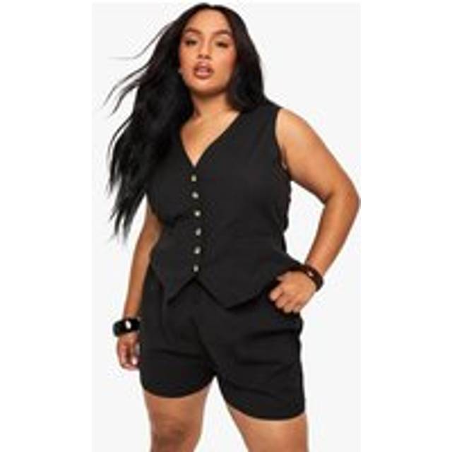 Womens Plus Linen Look Waistcoat And Shorts Set - Black - 28, Black