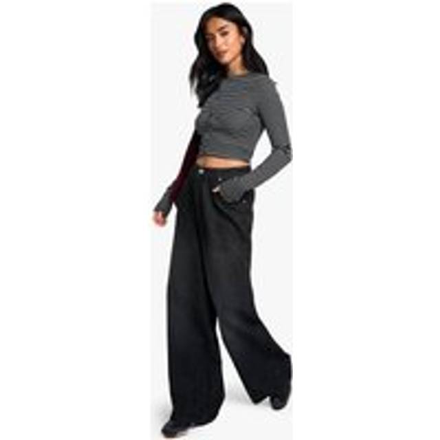 Womens Petite Basic Super Wide Leg Jean - Black - 16/26L