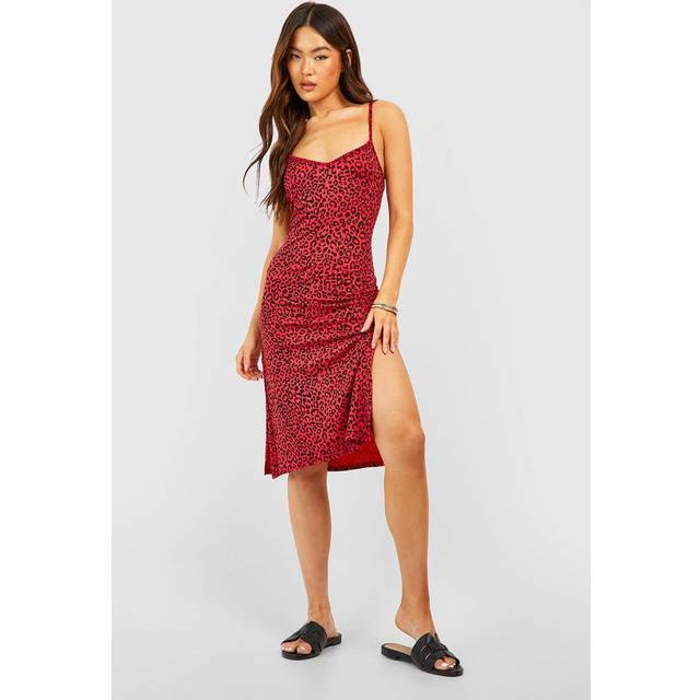 Womens Leopard Print Jersey Slip Midi Dress - Red - 8