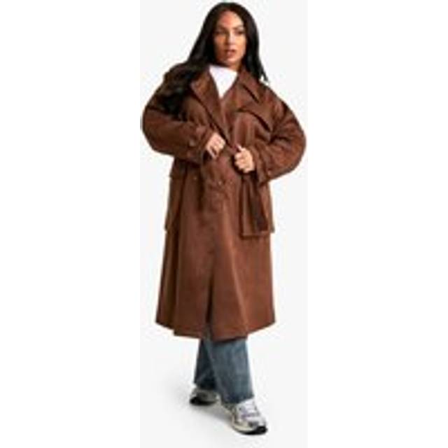 Womens Plus Suede Belted Trench Coat - Brown - 16