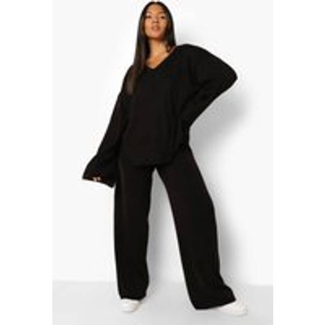 Womens Plus Knitted V Neck Side Split Trouser Set - Black - 22, Black