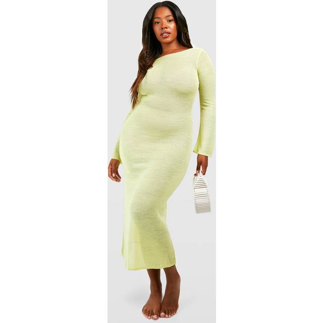 Womens Plus Open Back Sheer Knit Crochet Beach Dress - Yellow - 24