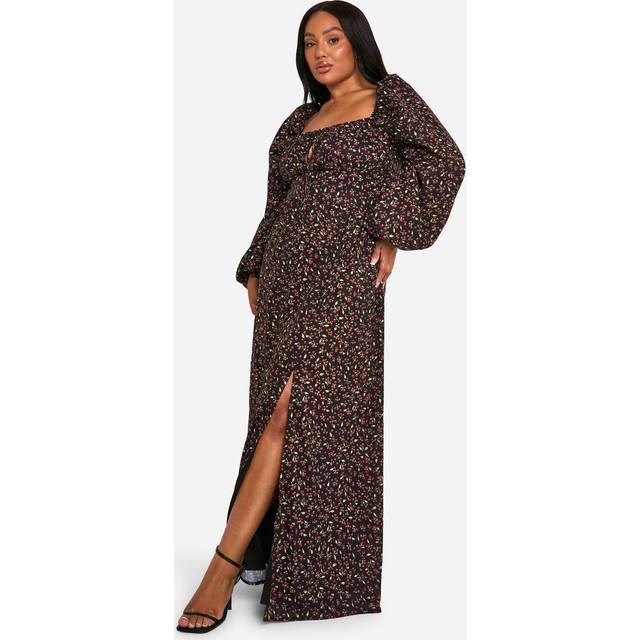 Womens Plus Ditsy Balloon Sleeve Milkmaid Maxi Dress - Black - 28