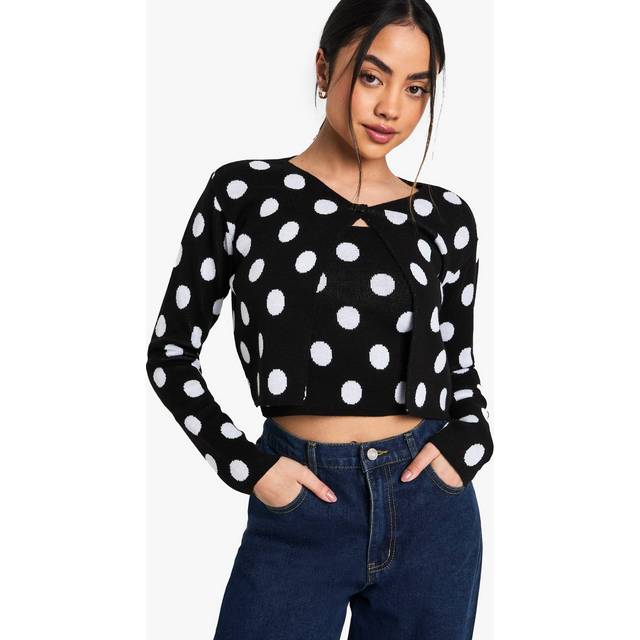 Womens Polka Dot Button Neck Cardigan And Cami Top Set - Black & White - M, Black & White