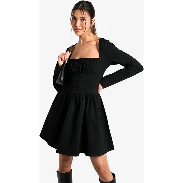 Womens Bengaline Corset Long Sleeve Skater Dress - Black - 14