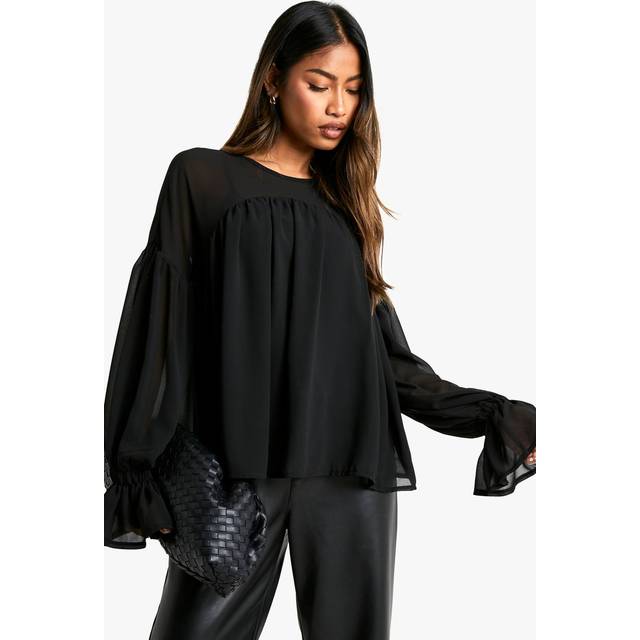 Womens Chiffon Drape Detail Long Sleeve Blouse - Black - 10