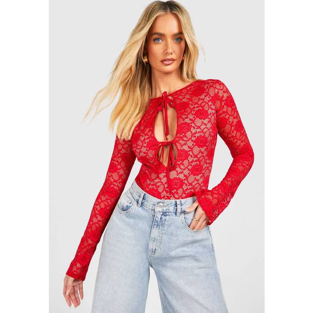 Womens Lace Tie Front Flare Sleeve Bodysuit - Red - 6, Red
