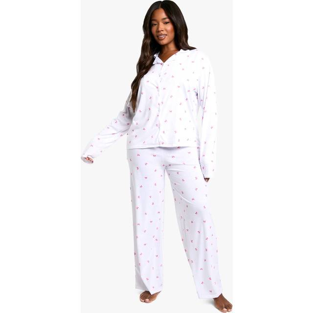 Womens Plus Bow Print Trouser PJ Set - White - 18