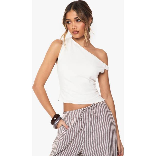 Womens Twist Detail Off The Shoulder Linen Look Crop Top - Ivory - 16