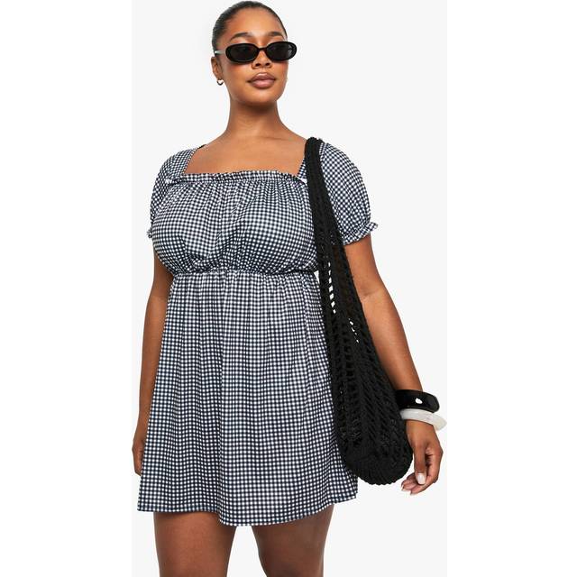 Womens Plus Gingham Puff Sleeve Smock Dress - Black - 22