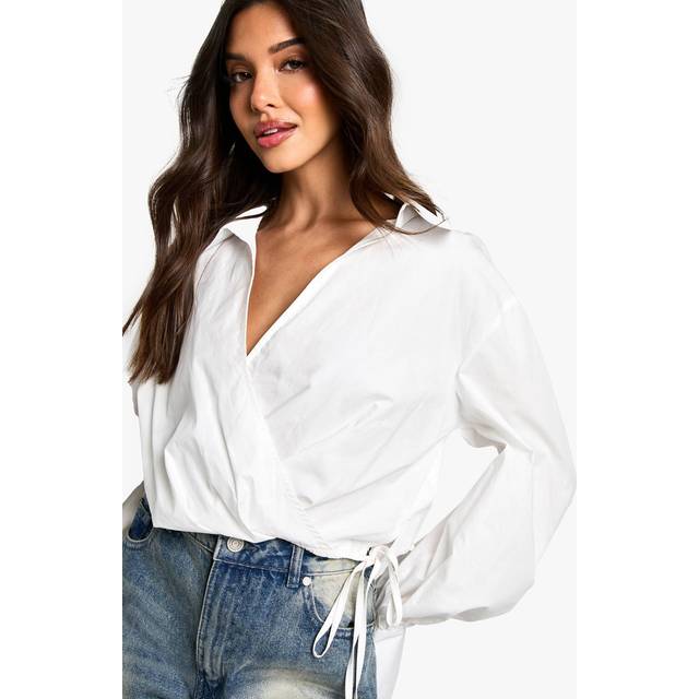 Womens Cotton Poplin Wrap Detail Shirt - White - 8