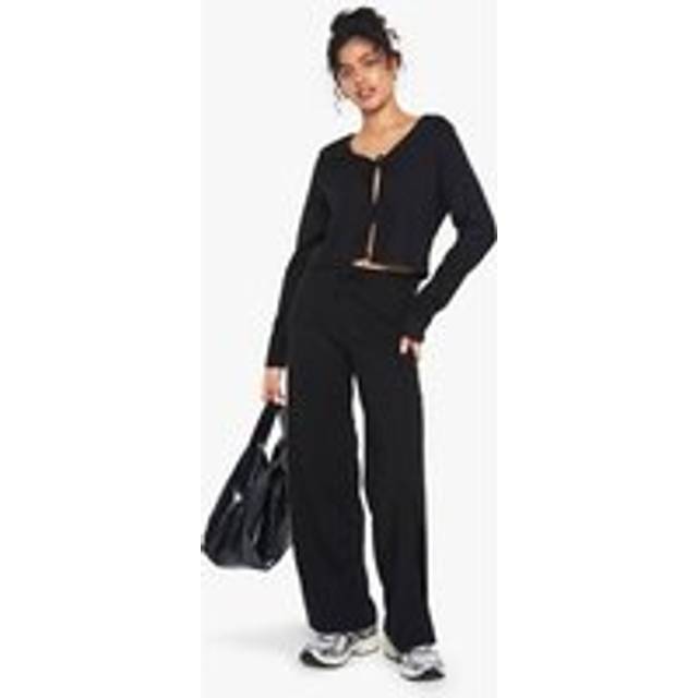 Womens Rib Tie Front Long Sleeve Top And Drawstring Straght Leg Trouser Set - Black - 14