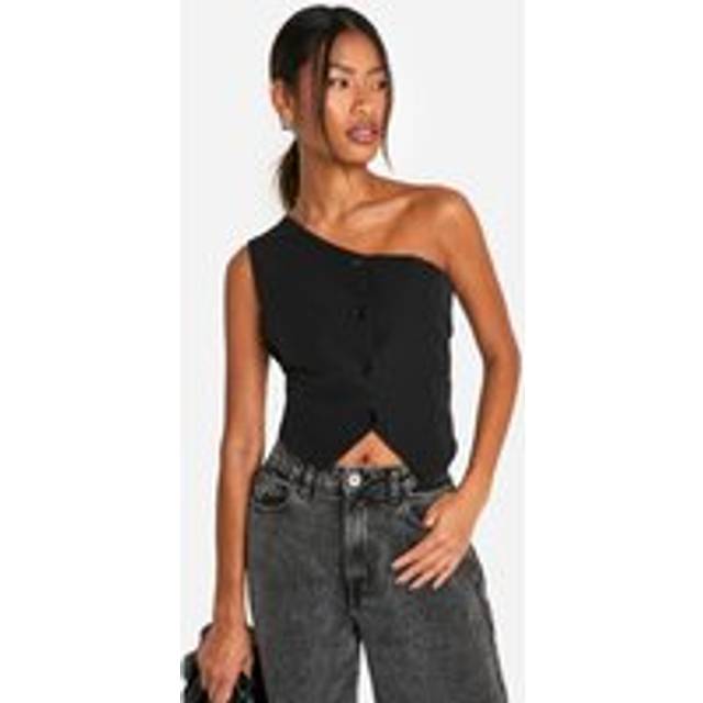 Womens Woven One Shoulder Tailored Waistcoat - Black - M
