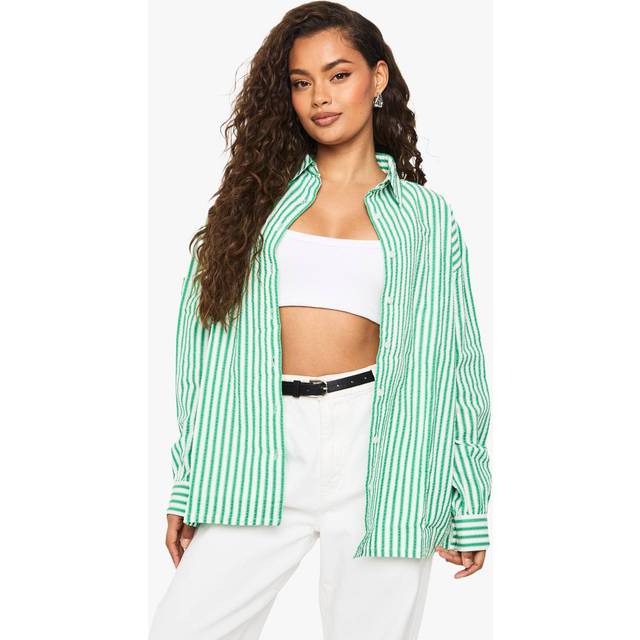 Womens Green Seersucker Wide Stripe Oversized Shirt - 12