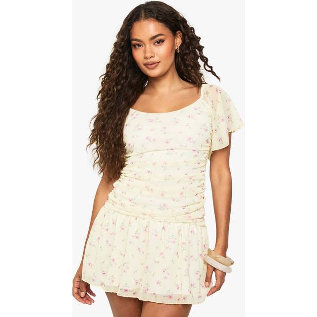 Womens Ditsy Floral Mesh Angel Sleeve Ruched Mini Dress - Yellow - 16