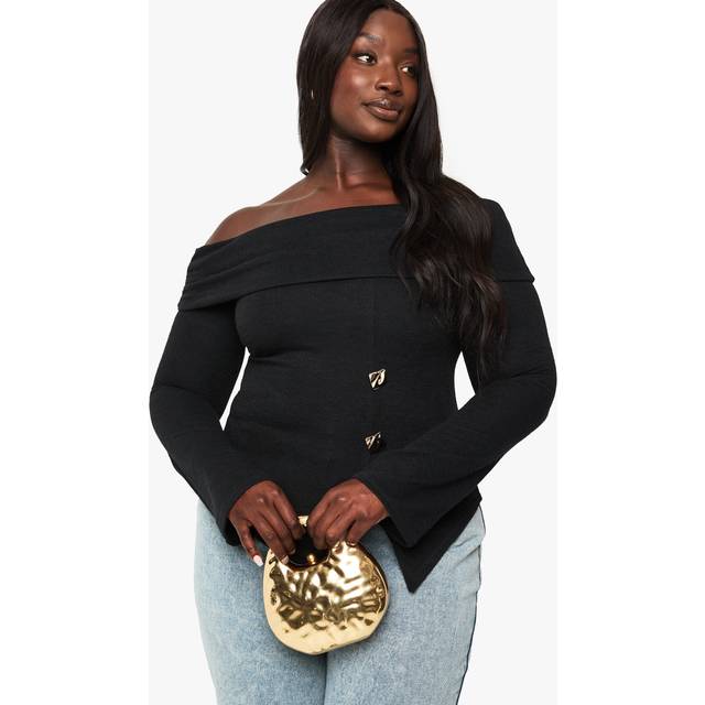 Womens Plus Knitted Bardot Gold Trim Split Hem Top - Black - 26, Black