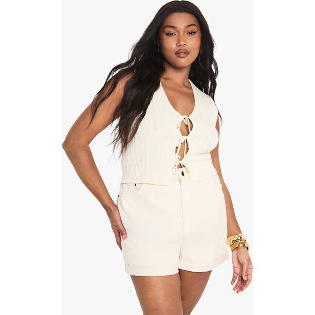 Womens Plus Knitted Tie Detail Waistcoat - White - 24-26