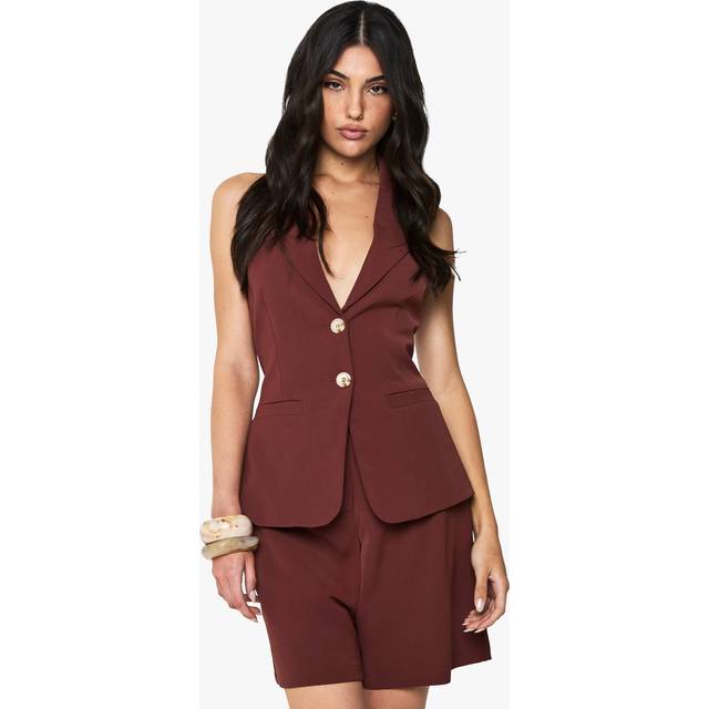 Womens Tailored Halterneck Woven Waistcoat - Brown - 14, Brown