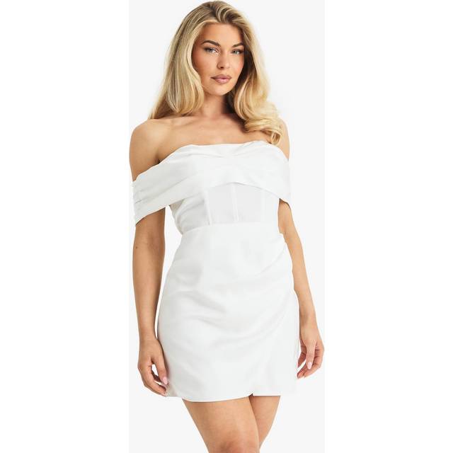 Womens Satin Ruched Bardot Drape Detail Mini Dress - White - 10