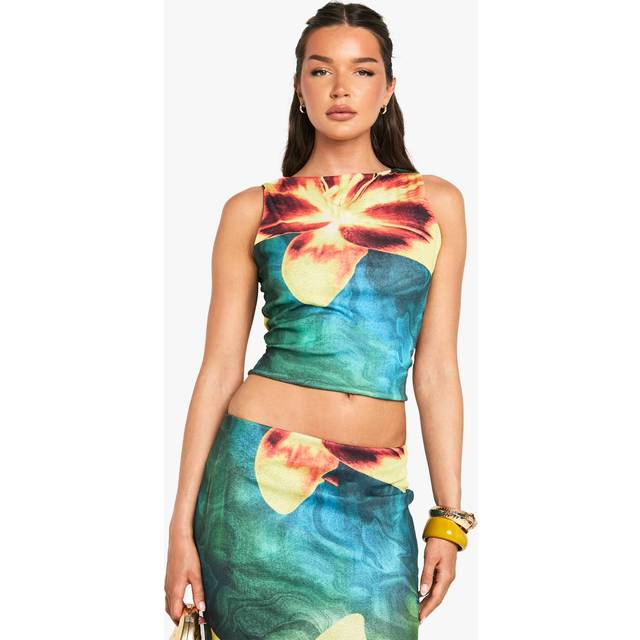 Womens Floral Printed Mesh Sleeveless vest Top - Green - 8