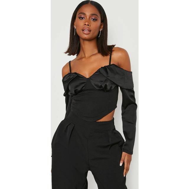 Womens Satin Drape Sleeve Corset Top - Black - 12