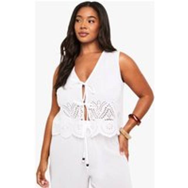 Womens Plus Broderie Tie Front Waistcoat - White - 20, White
