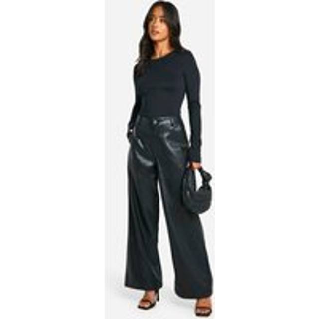 Womens Petite Wide Leg Faux Leather Trouser - Black - 8/28L, Black