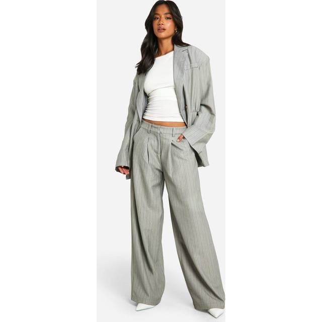 Womens Petite Pinstripe Wide Leg Trousers - Grey - 8