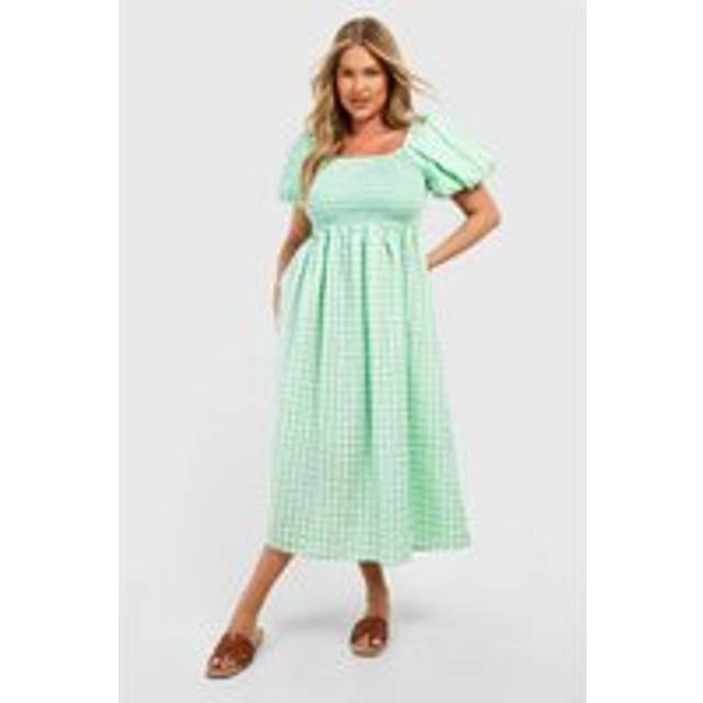 Womens Plus Textured Gingham Puff Sleeve Miidi Dress - Green - 20