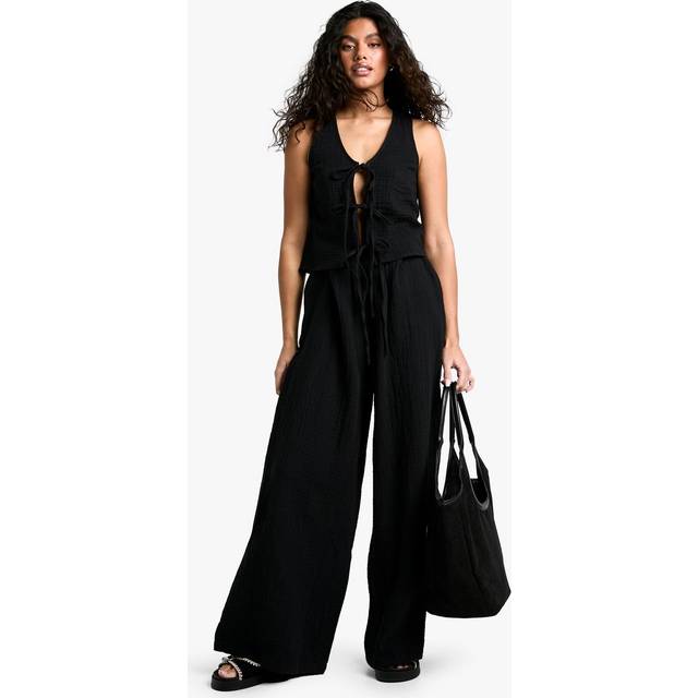 Womens Cheesecloth Elasticated Waist Wide Leg Trousers - Black - 12, Black