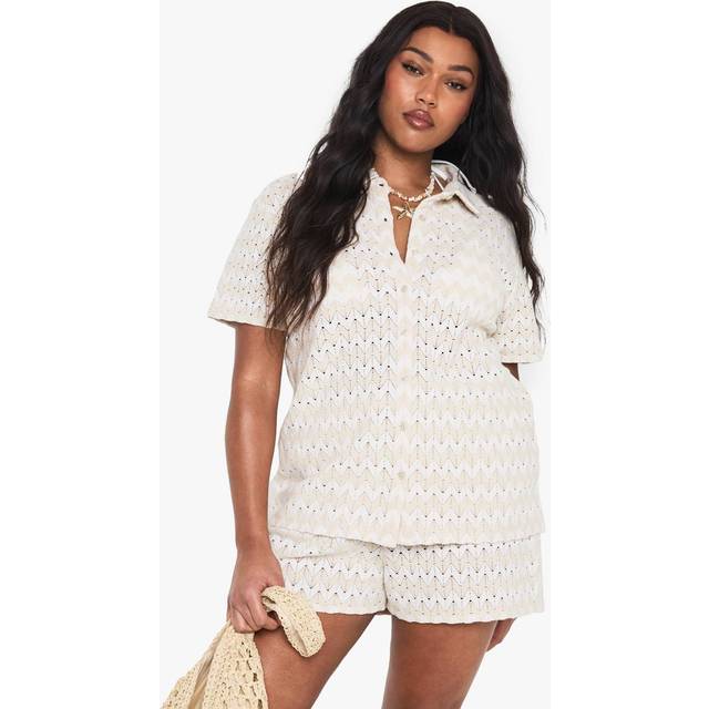 Womens Plus Zig Zag Knitted Beach Shirt - Beige - 16