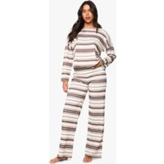 Womens Loungewear Stripe Long Sleeve Top & Trousers Pyjama Set - Brown - 8, Brown