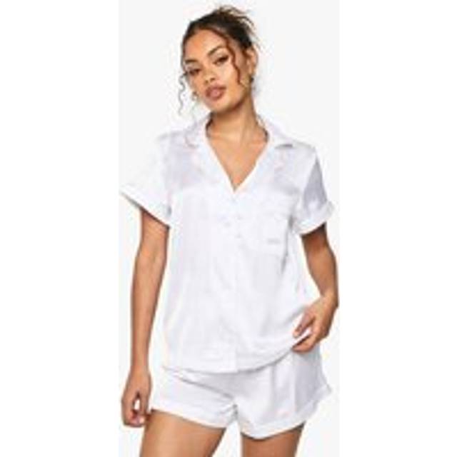 Womens Bridal Satin Short Sleeve Shirt & Shorts Pyjama Set - White - 10