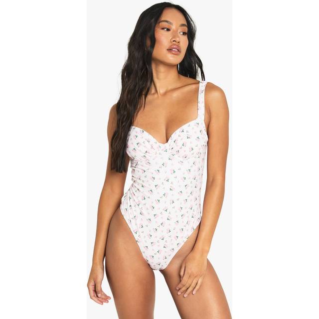 Womens Swimwear Essentials Ditsy Floral Ruched Underwire Swimsuit - Pink - 14