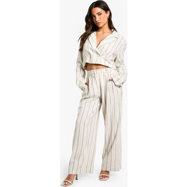 Womens Petite Stripe Linen Look Wide Leg Trouser - White - 16