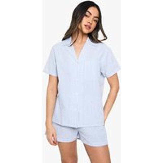 Womens Seersucker Stripe Short Sleeve Shirt & Shorts Pyjama Set - Blue - 6