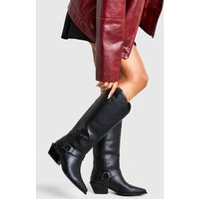 Womens Wide Fit Western Style Harness Detail Knee High Boots - Black - 3