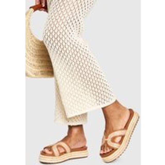 Womens Contrast Trim Flatform Cut Out Sliders - Camel - 8
