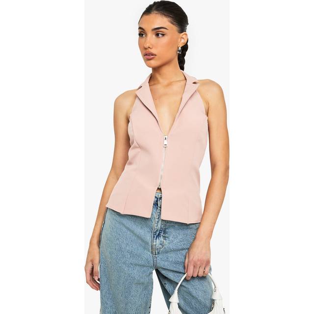 Womens Woven Halterneck Zip Through Waistcoat - Pink - 12, Pink