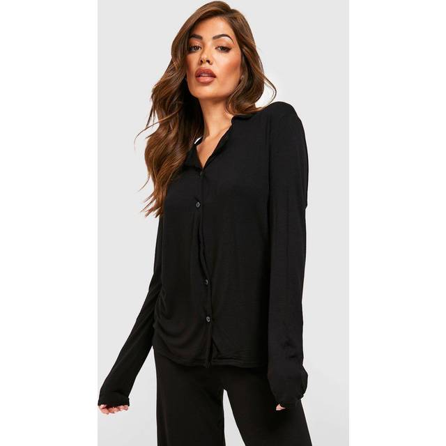 Womens Jersey Long Sleeve Button Up Pyjama Shirt - Black - 8