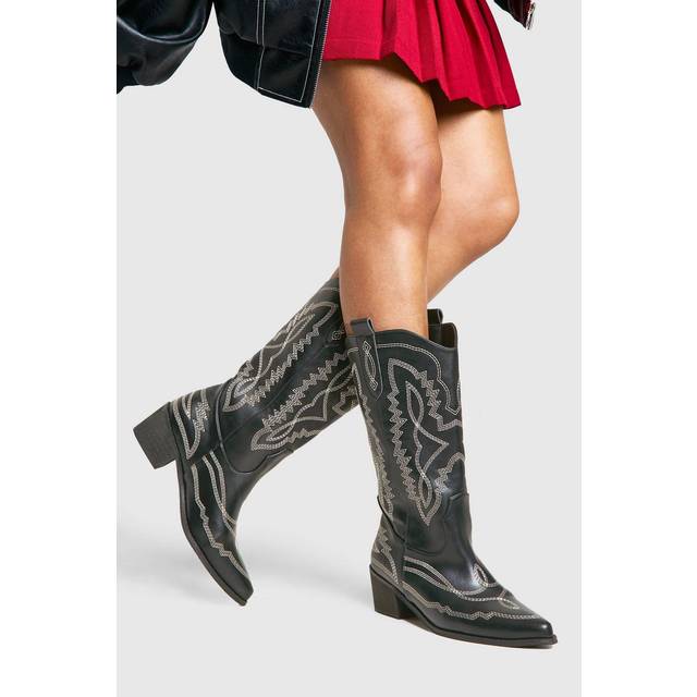 Womens Contrast Stitching Western Cowboy Boots - Black - 3