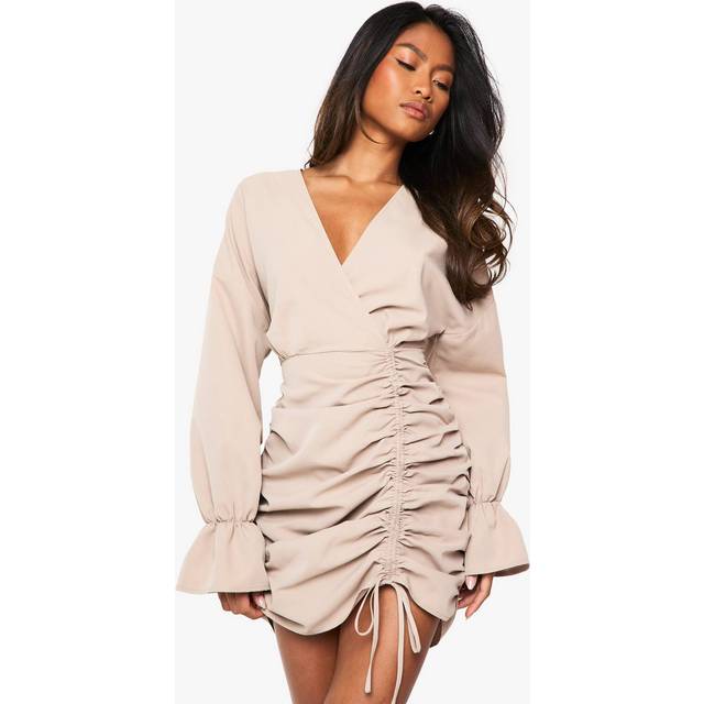 Womens Cotton Ruched Wrap Shirt Dress - Beige - 8, Beige