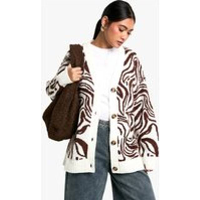 Womens Pattern Detail Oversized Cardigan - Brown - XS