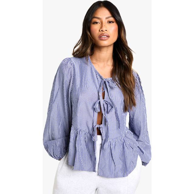 Womens Navy Pinstripe Tie Front Puff Long Sleeve Smock Top - 10, Navy