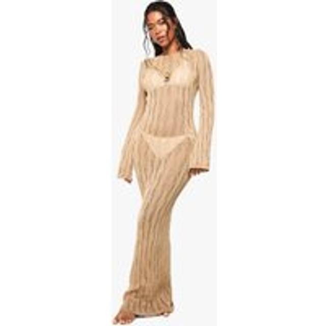 Womens Scoop Back Long Sleeve Crochet Beach Dress - Beige - S, Beige
